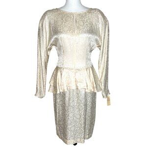 Vtg Argenti Silk Dress 80s Bridal NWT Peplum Jacquard Cocktail Sz Med Hong Kong